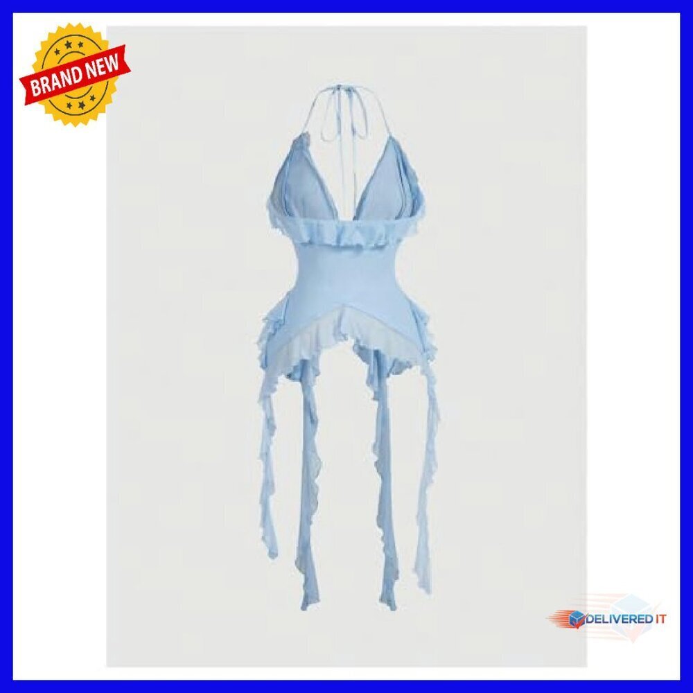 Women's 3D Flower Tie Front Halter Camisole Top with Ruffle Trim - Picture 3 of 5